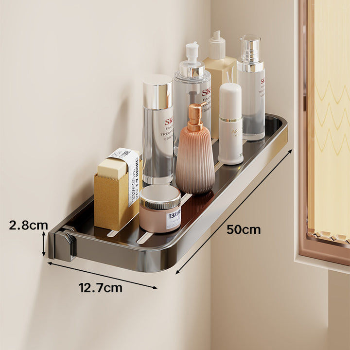 Wall-Mounted Slim Adhesive Bathroom Shelf Tray with Slotted Drainage and Rounded Edges