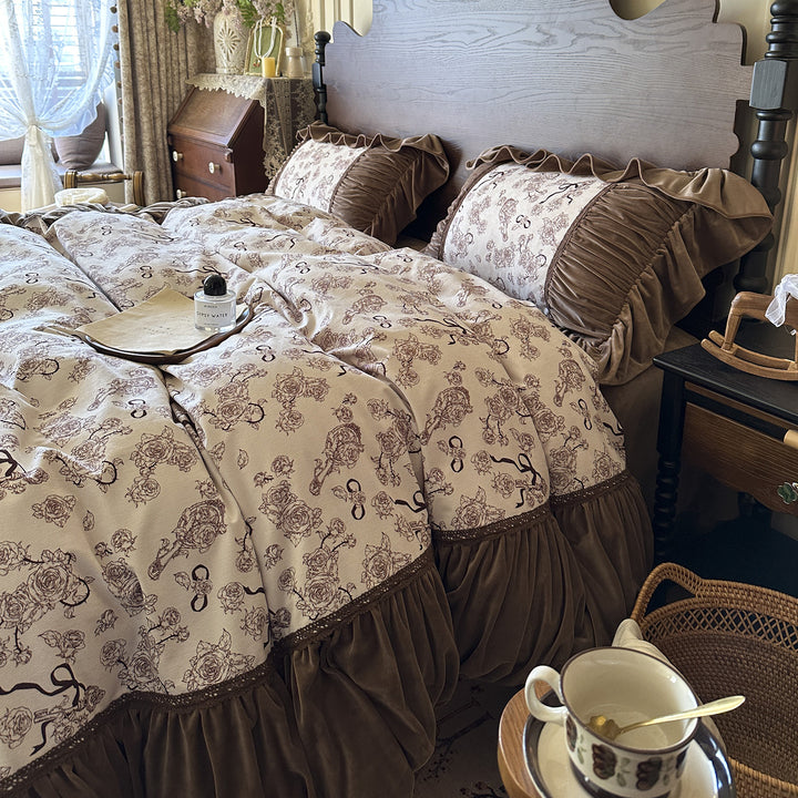 Ruffled Cotton-Blend Floral Printed Duvet Cover Set with Pillow Shams and Pleated Bed Skirt