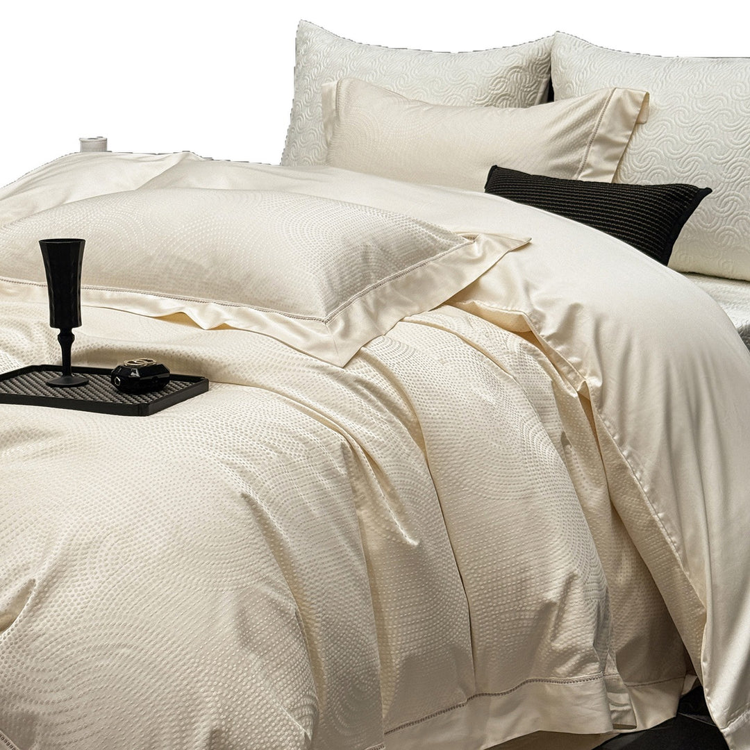 Textured Jacquard Cotton Sateen Duvet Cover Set with Satin-Finish Border and Quilted Euro Shams