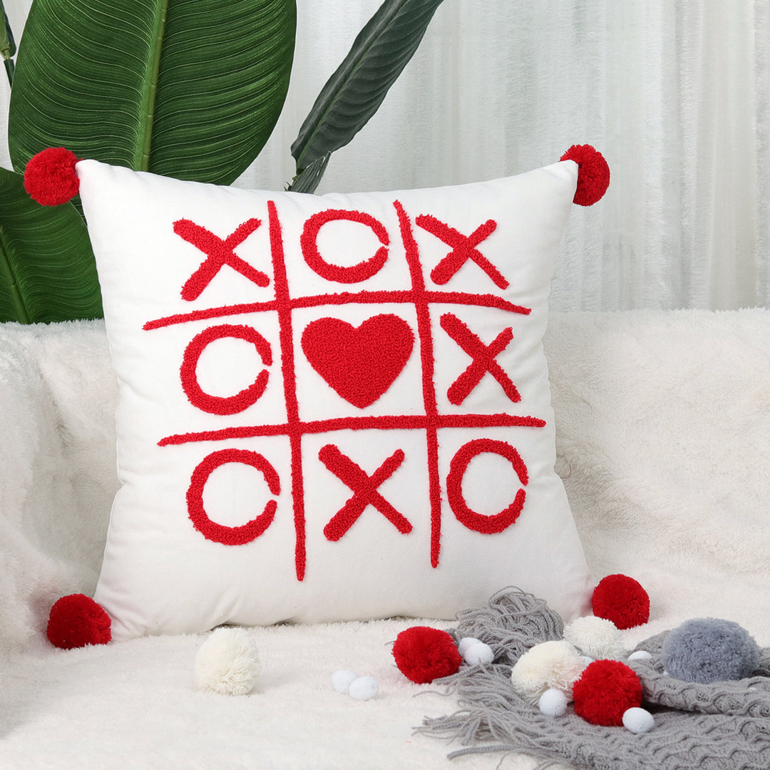 Square Decorative Pillow Cover with Fuzzy Heart Appliqué and Tassel Corners