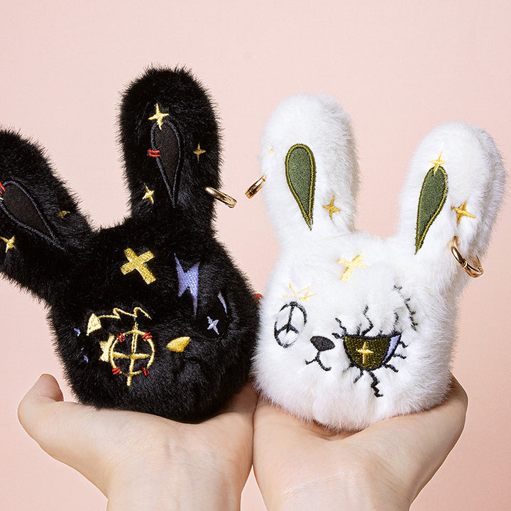 Faux-Fur Bunny Charm Key Fob with Embroidered Patchwork Face and Gold Metal Ring Stornfield