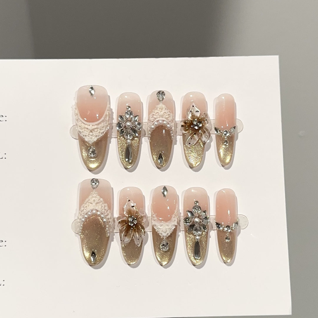 Elegant Rhinestone and Lace Press-On Nail Set