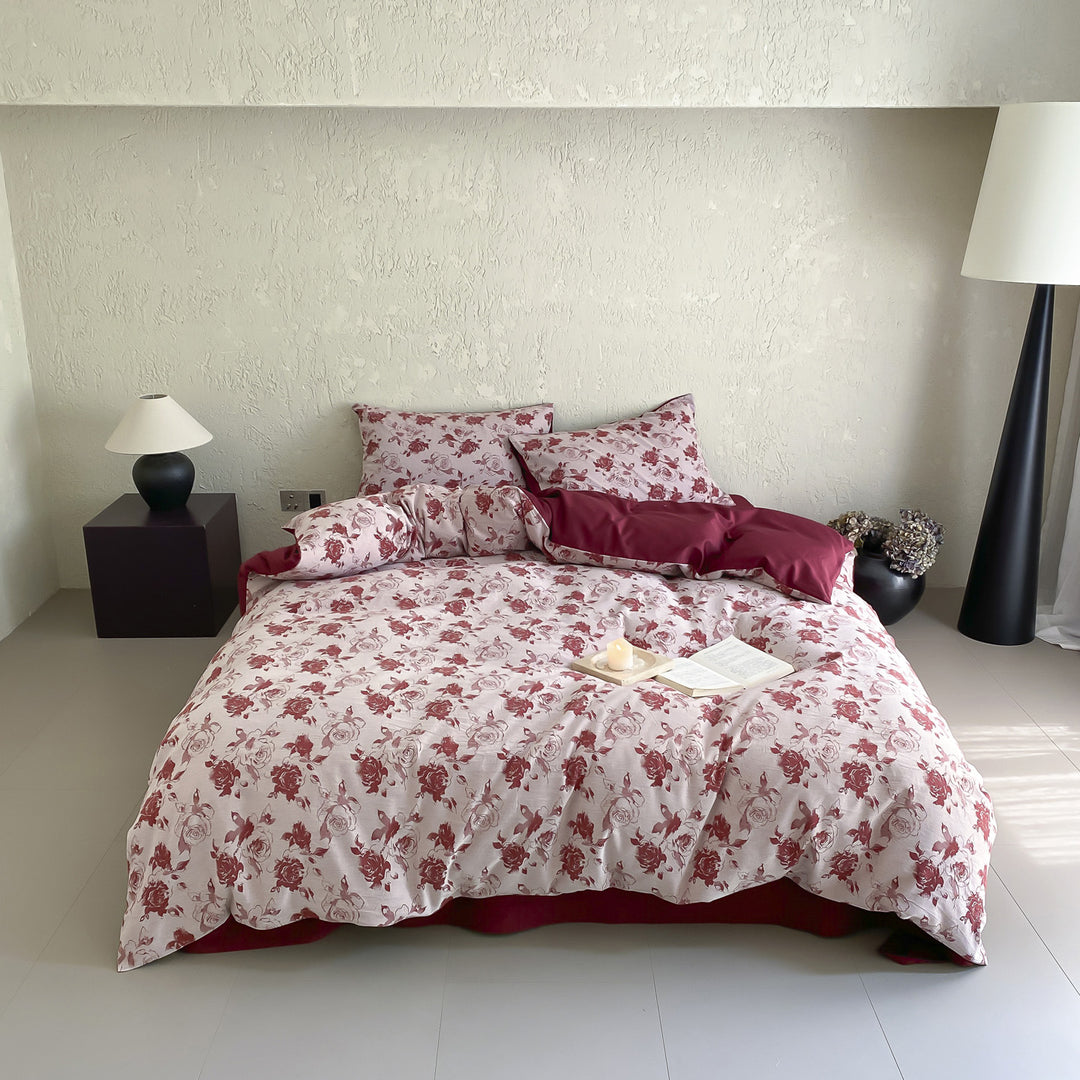 Floral Micro-Print Cotton Sateen Duvet Cover Set with Reversible Solid-Back and Pillow Shams