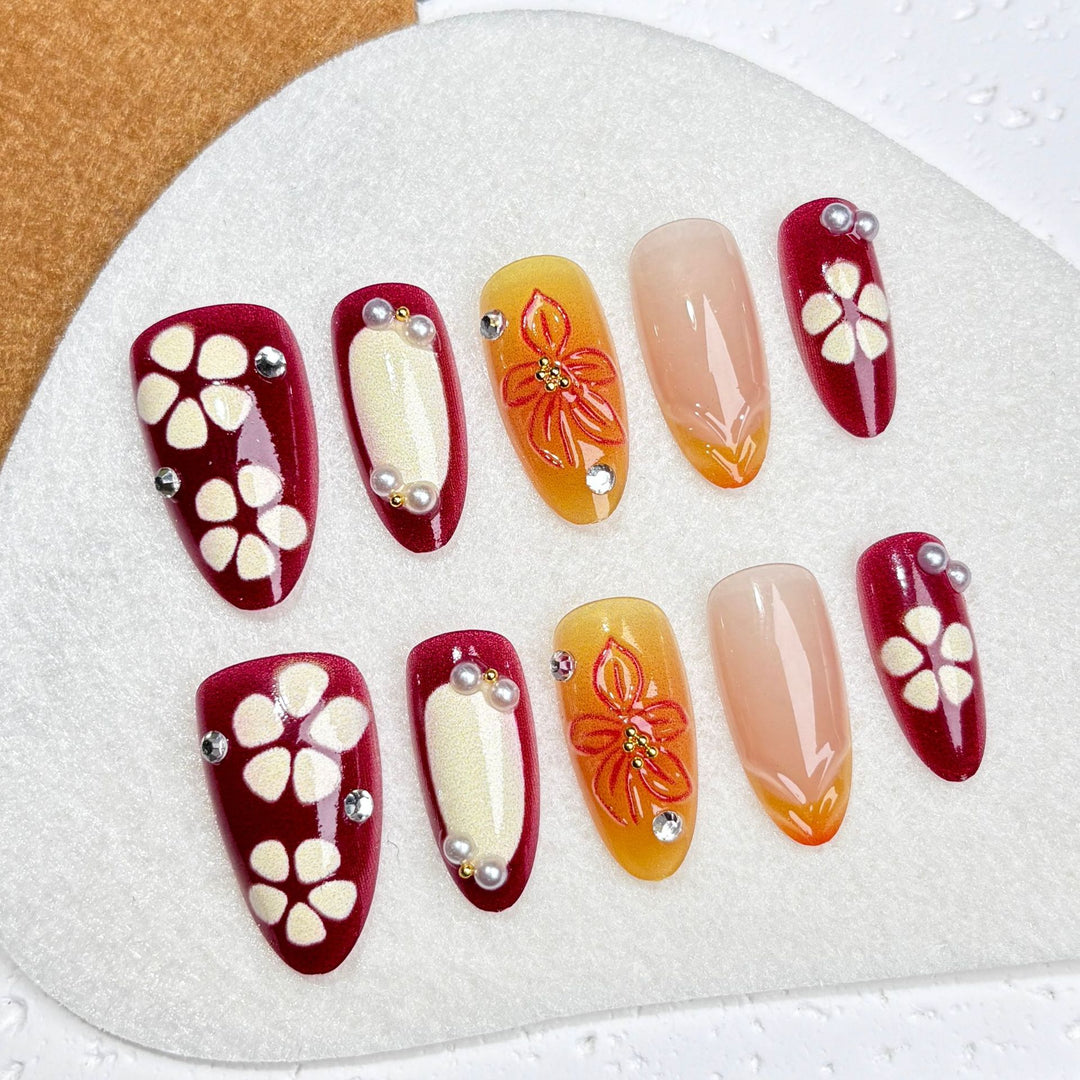 Elegant Press-On Nail Art Set with Floral and Gem Accents