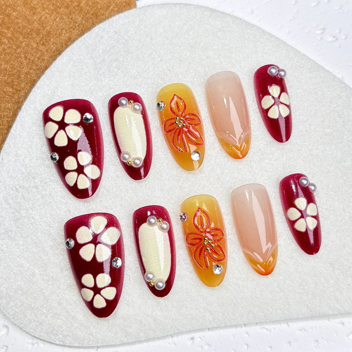 Elegant Press-On Nail Art Set with Floral and Gem Accents