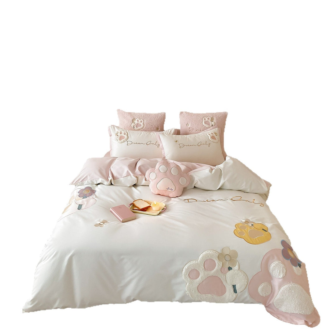 Plush Paw-Appliqué Cotton Sateen Duvet Cover Set