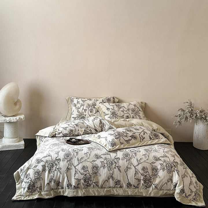 Ruffled Floral Embroidered Cotton Duvet Cover Set