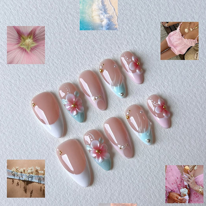 Artificial nail set with romantic floral motifs and elegant accents Stornfield