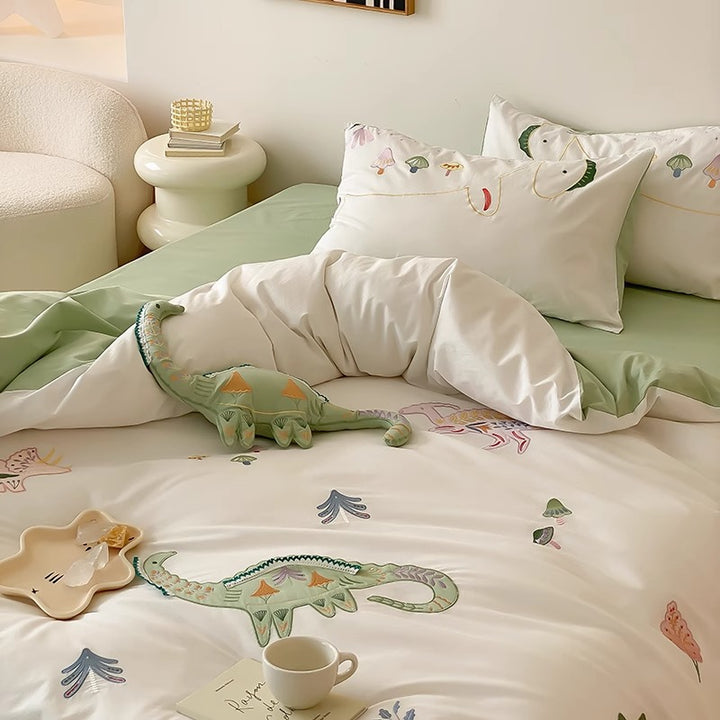 Children's Embroidered Dinosaur Cotton Sateen Duvet Cover Bedding Set
