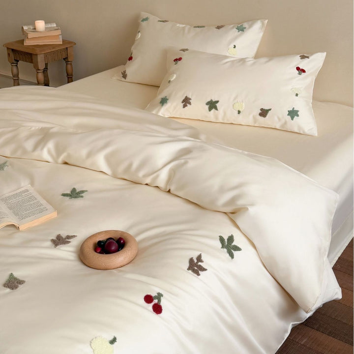 Embroidered Cotton-Sateen Duvet Cover Set with 3D Fruit & Leaf Appliqué
