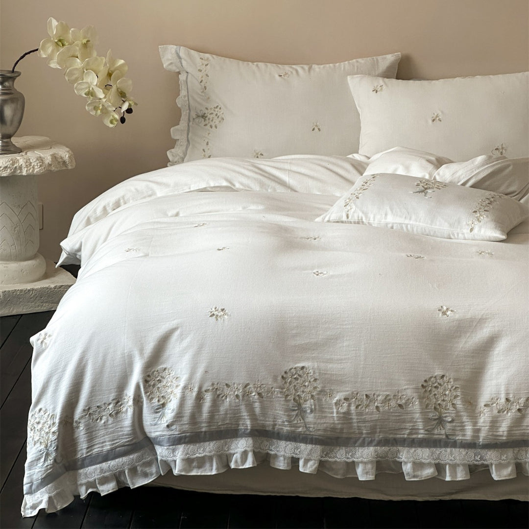 Embroidered Ruffled Linen-Cotton Duvet Cover Set