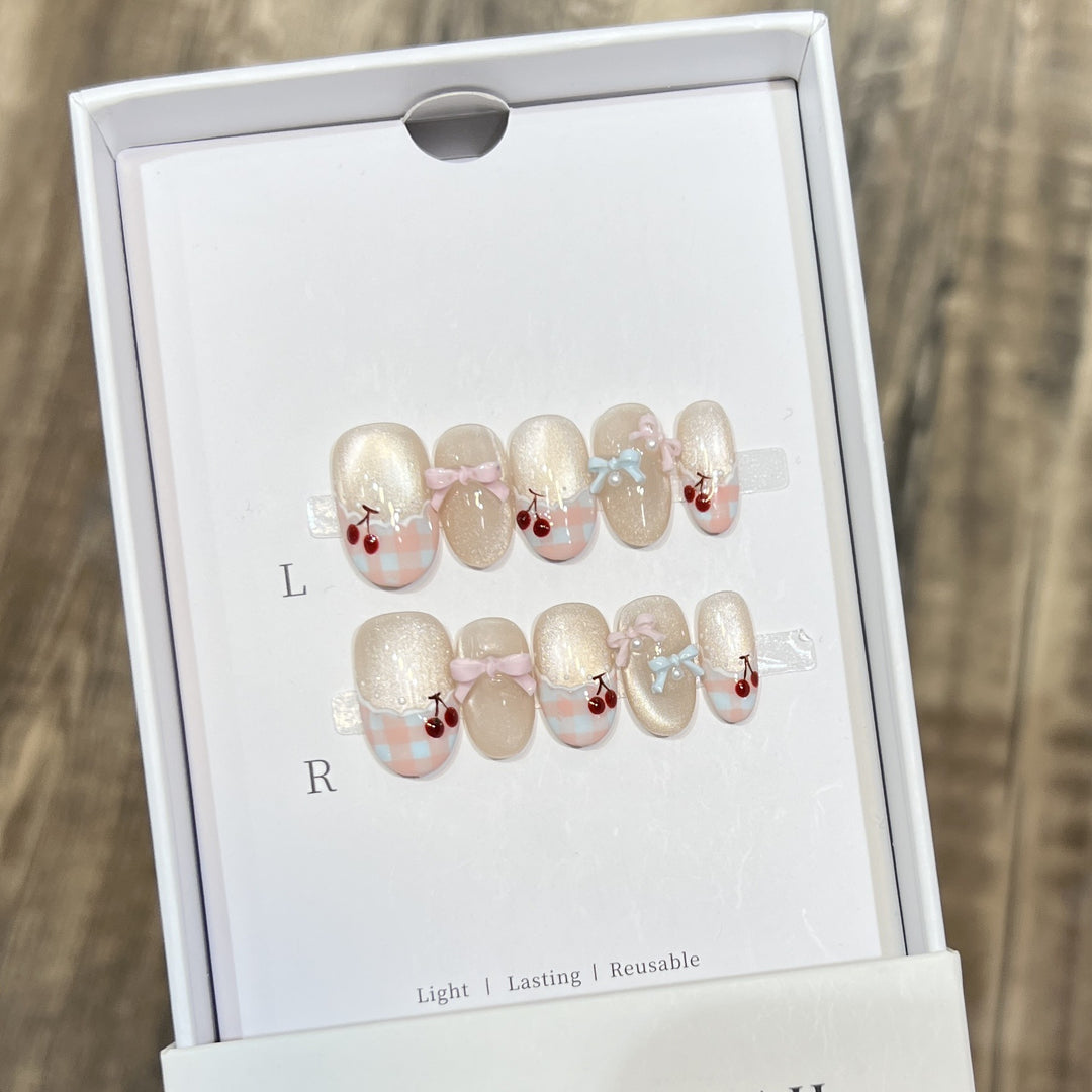 Decorative Press-On Nail Art Set with Charming Bow and Cherry Accents Stornfield