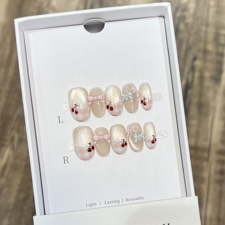 Decorative Press-On Nail Art Set with Charming Bow and Cherry Accents Stornfield