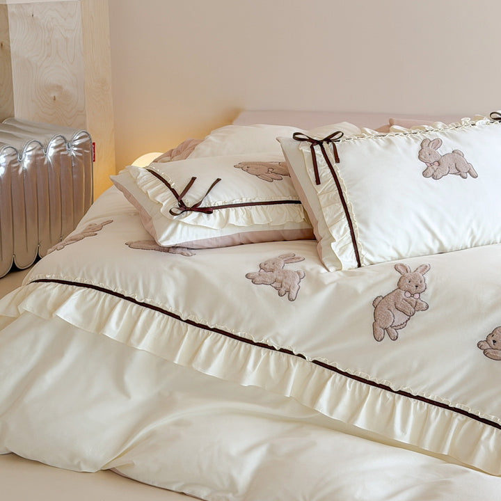 Ruffled Appliqué Bunny Cotton Duvet Cover Set with Satin Tie Pillow Shams