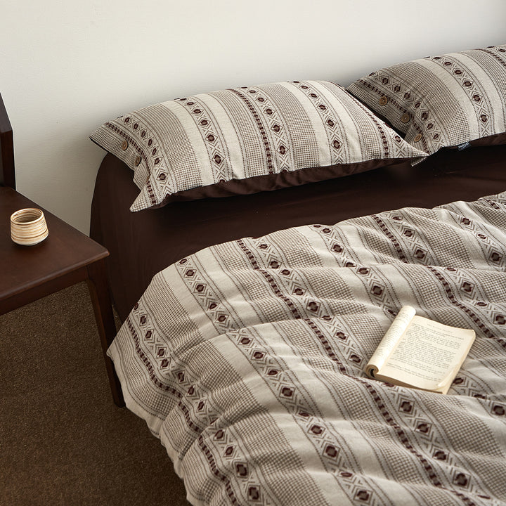 Striped Woven Cotton Duvet Cover Set with Button Closure & Reversible Solid Back