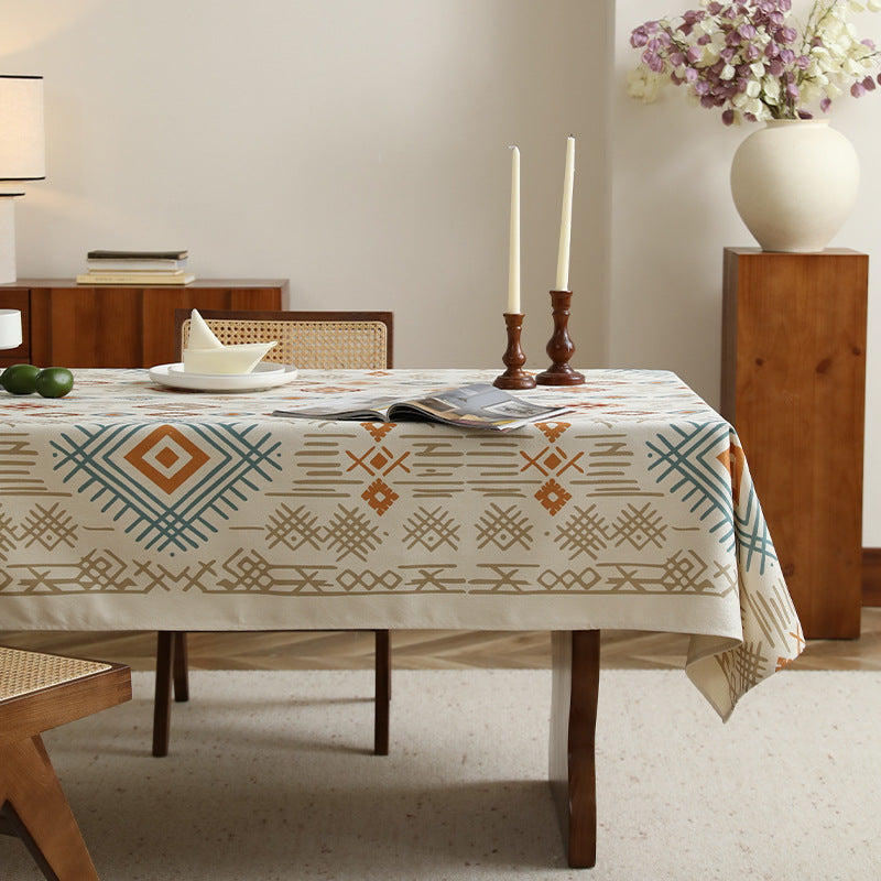 Rectangular Decorative Tablecloth made of Cotton-Linen with Woven Diamond Pattern and Antique-Inspired Border