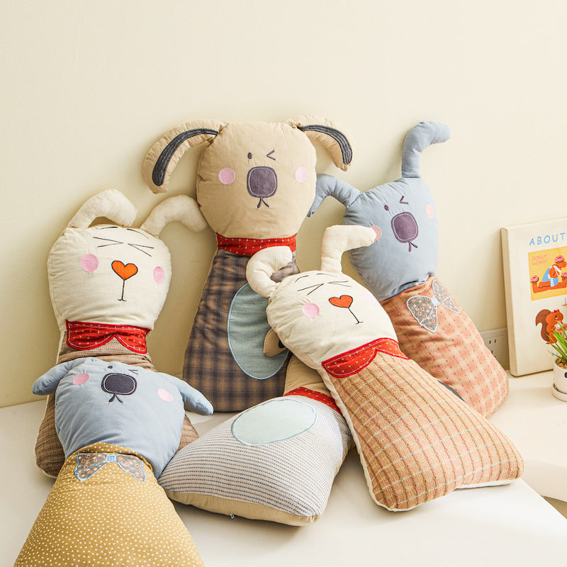 Plush Bunny Decorative Pillow Cushion with Embroidered Face and Plaid Body