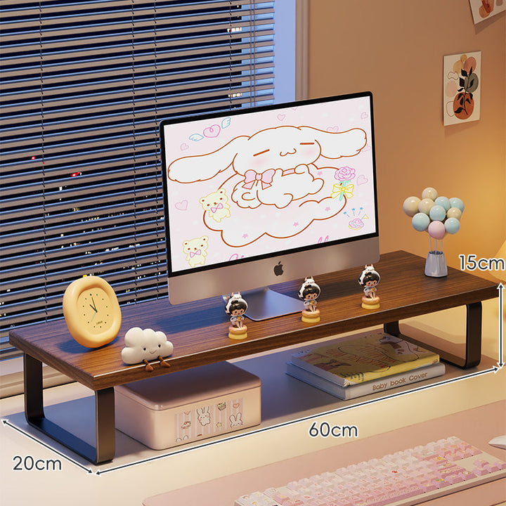 Low-Profile Wooden Monitor Riser with Metal Legs and Under-Shelf Storage