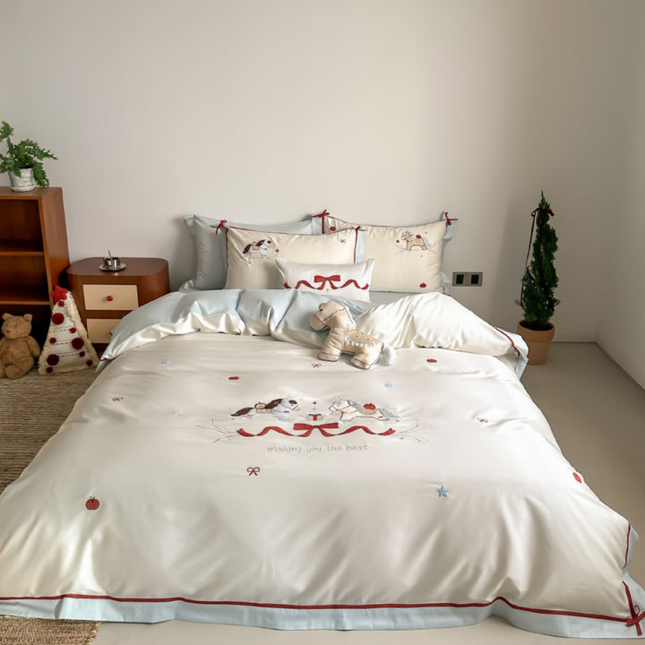 Satin bedding set with embroidered rocking horse motif
