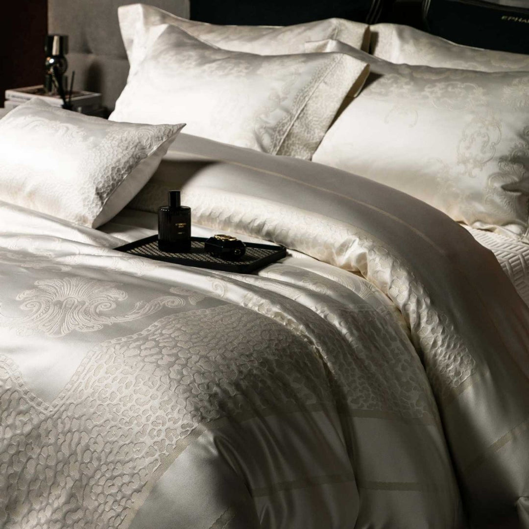Jacquard bedding set made of cotton satin with embossed medallion and pillow ruffle