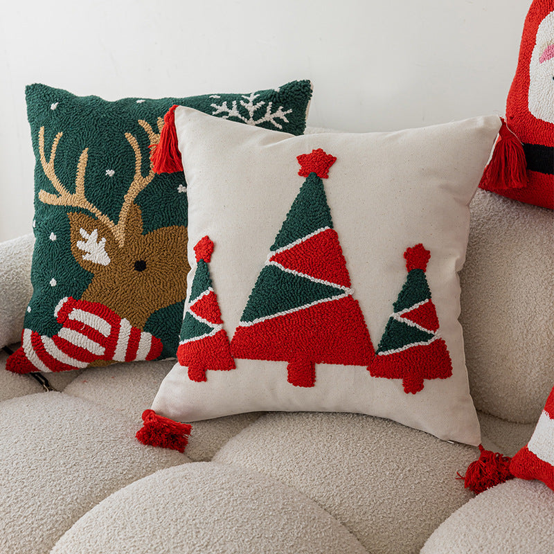 Square Holiday Tufted Cotton Throw Pillow with Tassel Corners and Appliqué Christmas Trees