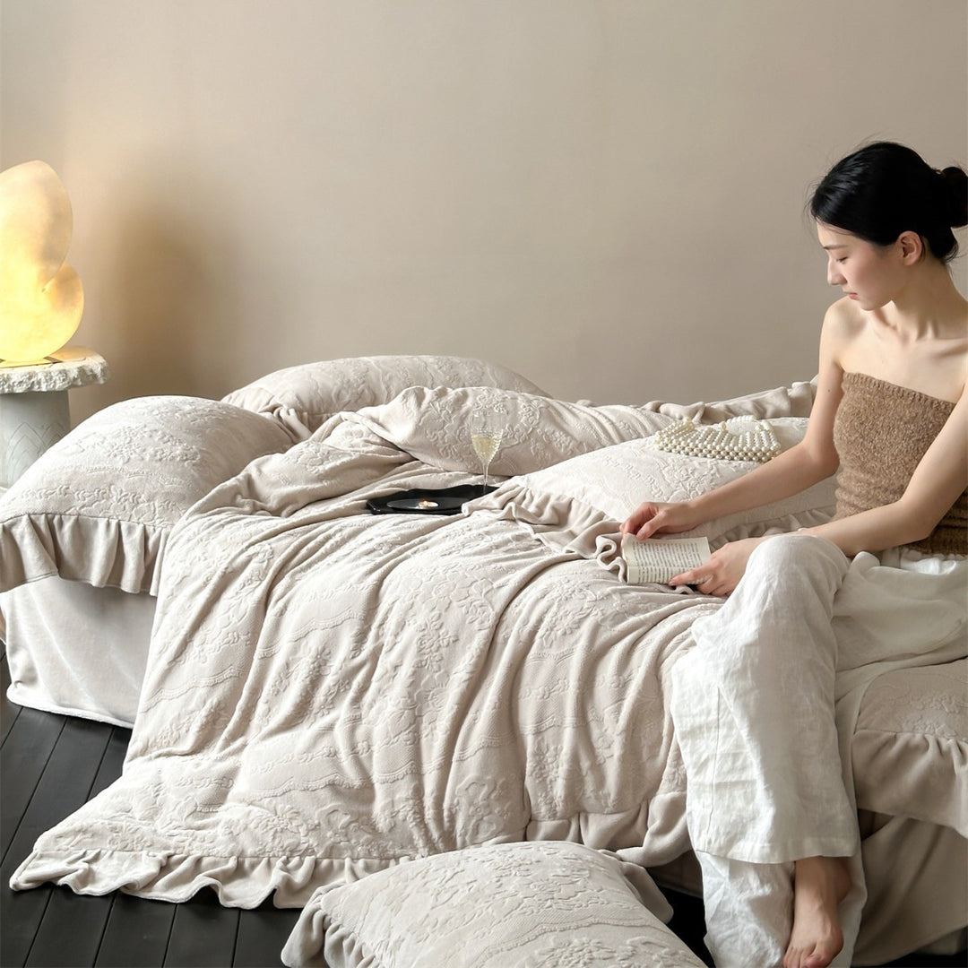 Embossed Jacquard Ruffled Duvet Cover & Decorative Pillow Shams Set
