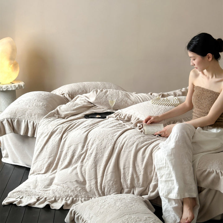 Embossed Jacquard Ruffled Duvet Cover & Decorative Pillow Shams Set