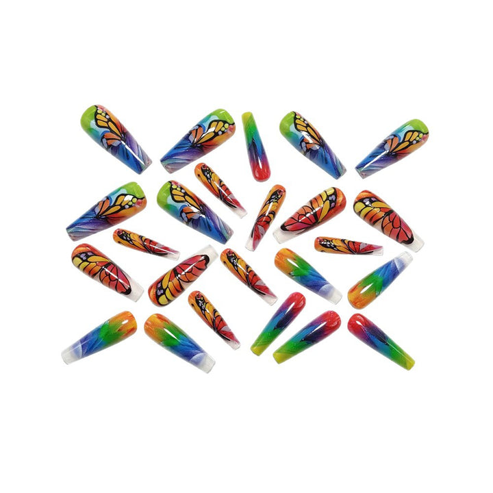 Artificial nails with colorful butterfly design and holographic accents Stornfield