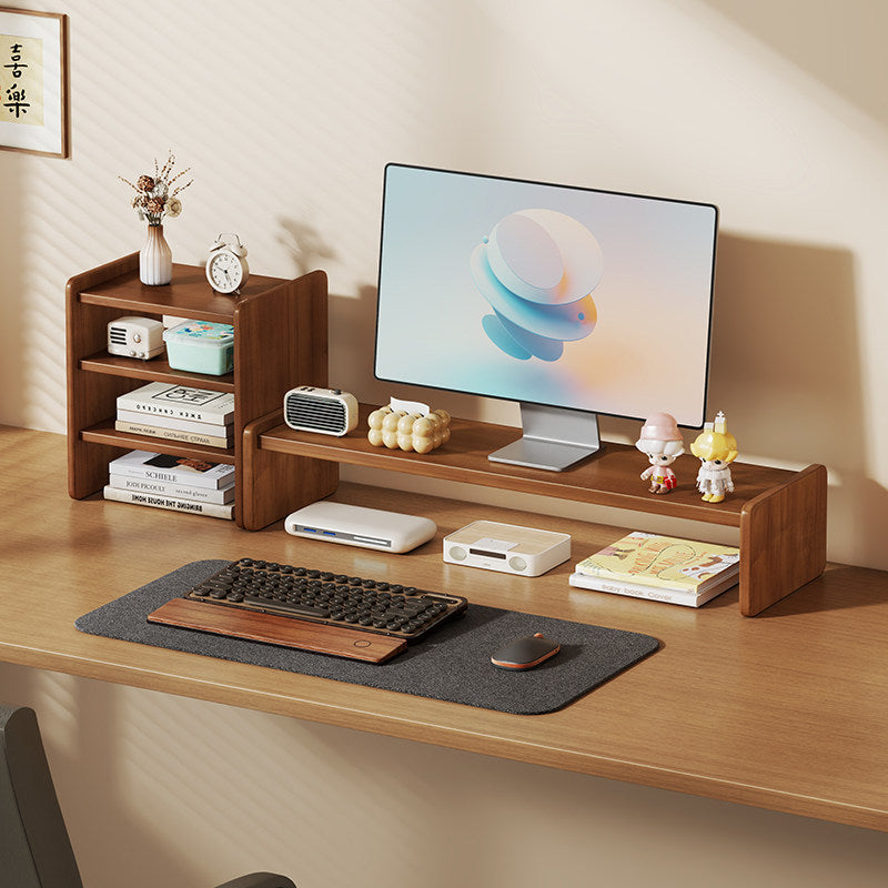 Solid Wood Monitor Riser and Desk Organizer with Dual-Level Shelf and Cable Management