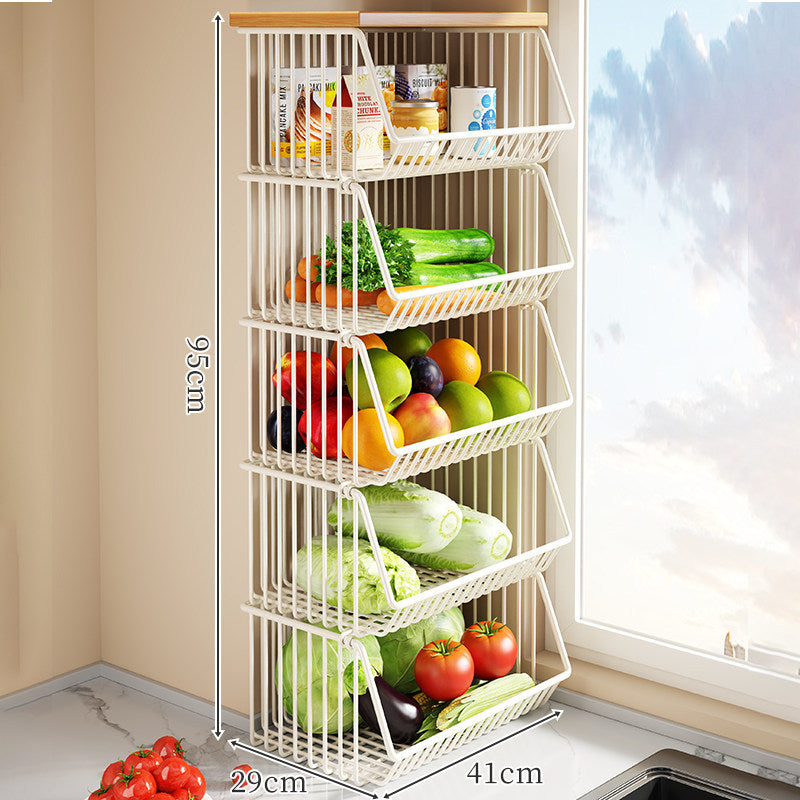 Two-Tier Countertop Vegetable and Pantry Storage Rack with Walnut Wood Top and Sliding Wire Basket