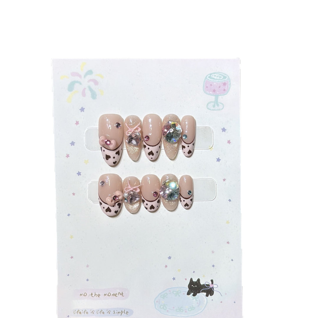 Decorative Press-On Nail Art Set with Heart and Gem Accents Stornfield