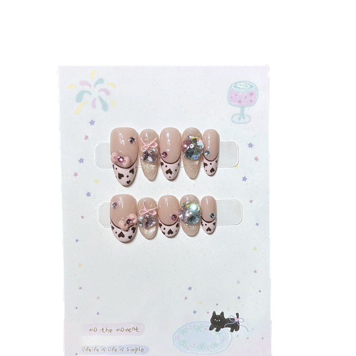 Decorative Press-On Nail Art Set with Heart and Gem Accents Stornfield