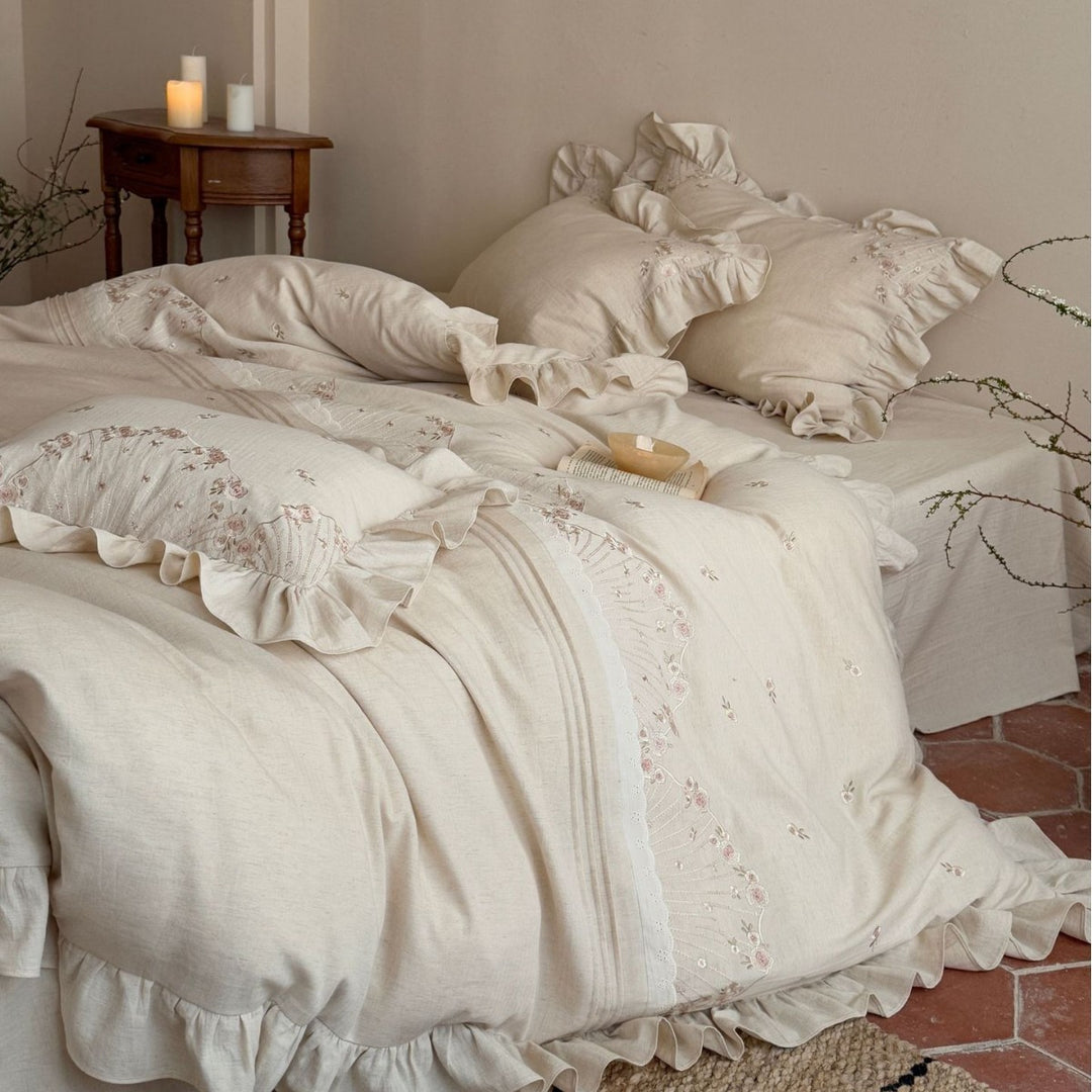 Ruffled Embroidered Linen Duvet Cover Set with Frilled Sham Pillowcases