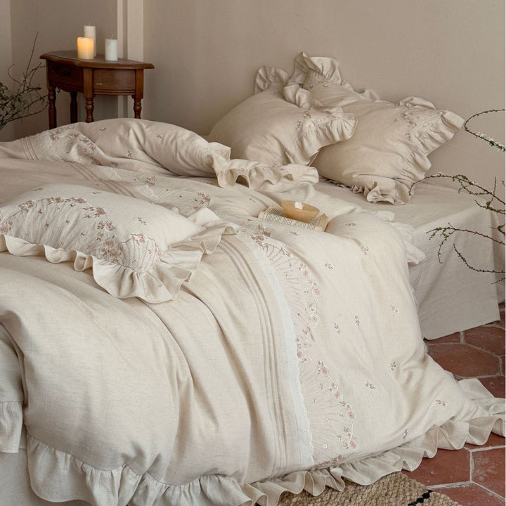Ruffled Embroidered Linen Duvet Cover Set with Frilled Sham Pillowcases