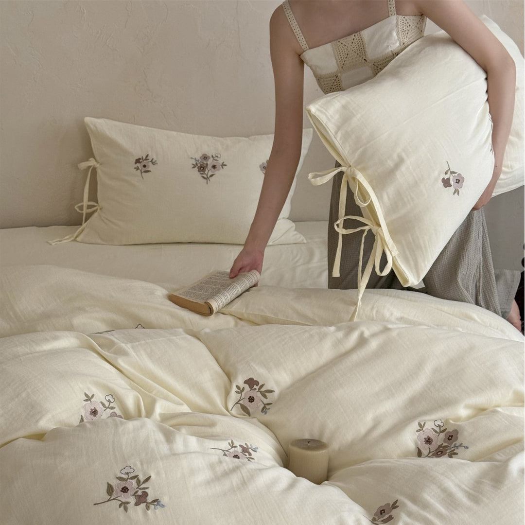 Embroidered Linen-Feel Duvet Cover Set with Tied Pillow Shams