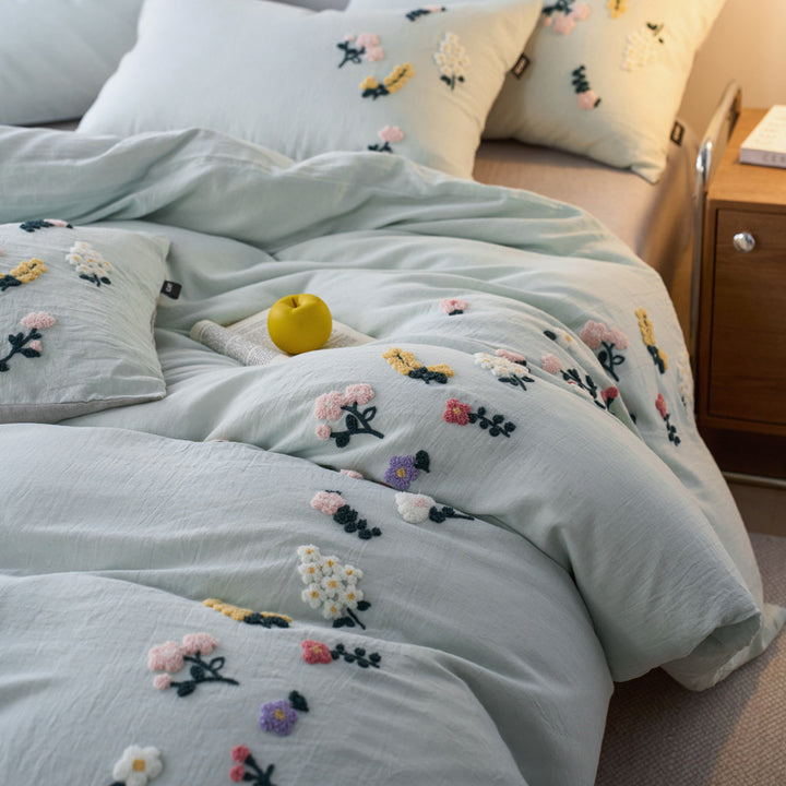 Hand-Tufted Floral Appliqué Linen Duvet Cover and Pillow Sham Set