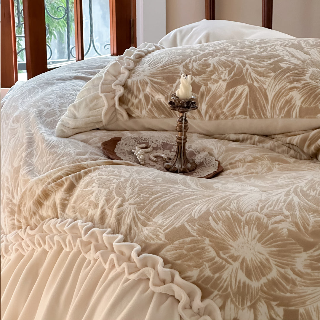 Ruched Gathered Cotton Sateen Duvet Cover Set with Floral Jacquard Quilted Shams and Ruffled Edge