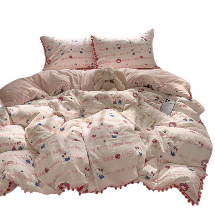 Lightweight Textured Cotton Cartoon Duvet Cover Set with Pom-Pom Trim