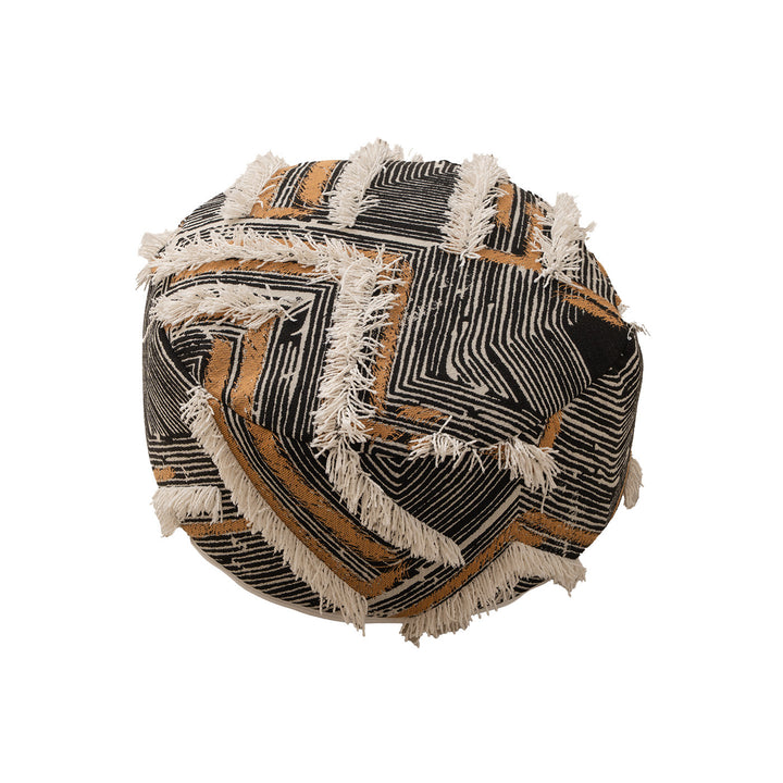 Round Boho Seat Pouf with Hand-Tufted Structure and Decorative Fringes Stornfield
