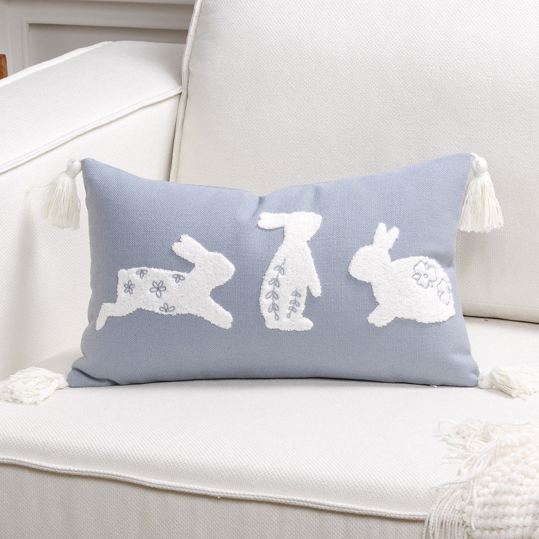 Embroidered Bunny Appliqué Tassel Lumbar Pillow Cover