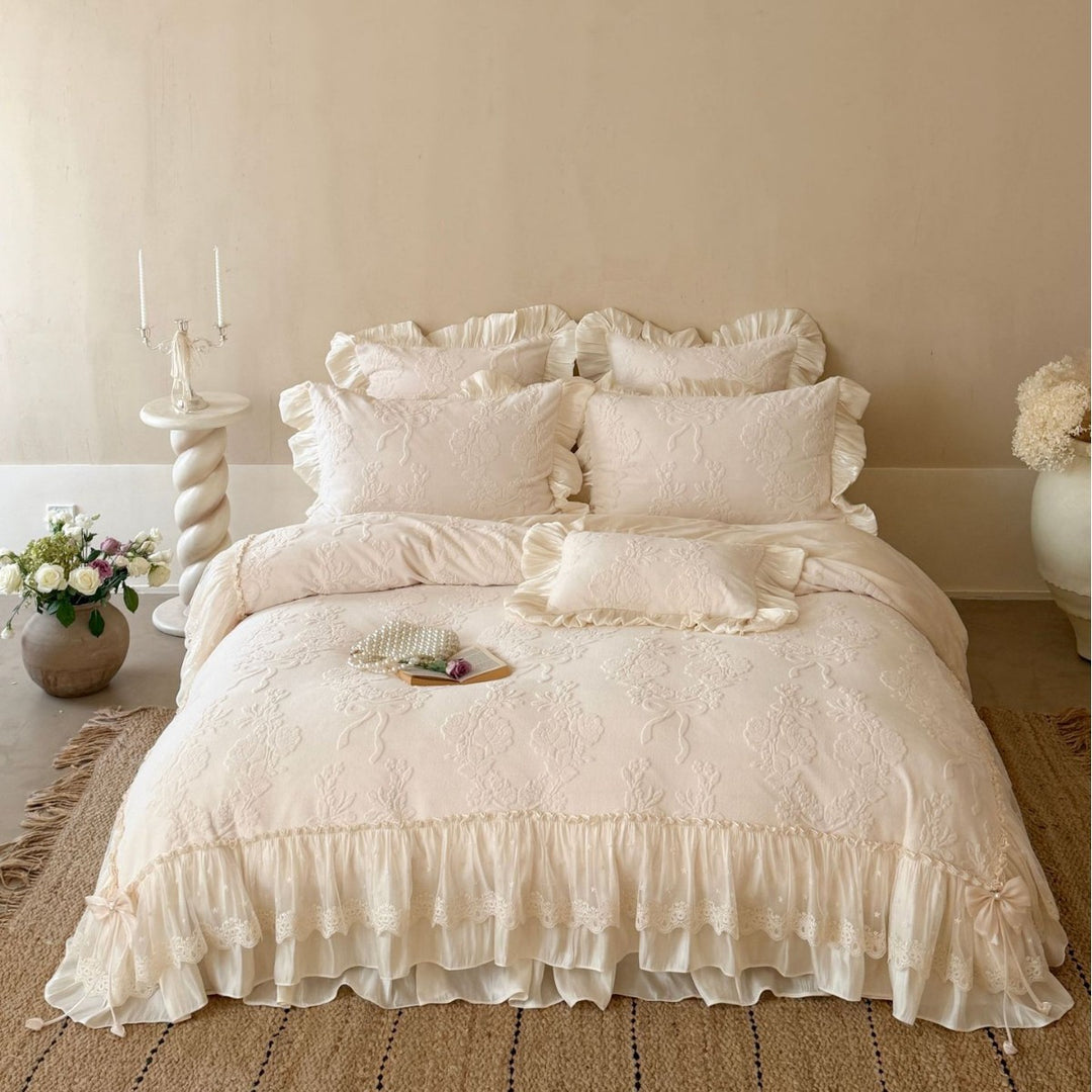 Embroidered Ruffled Cotton Sateen Duvet Cover Set with Lace-Trim Pillow Shams