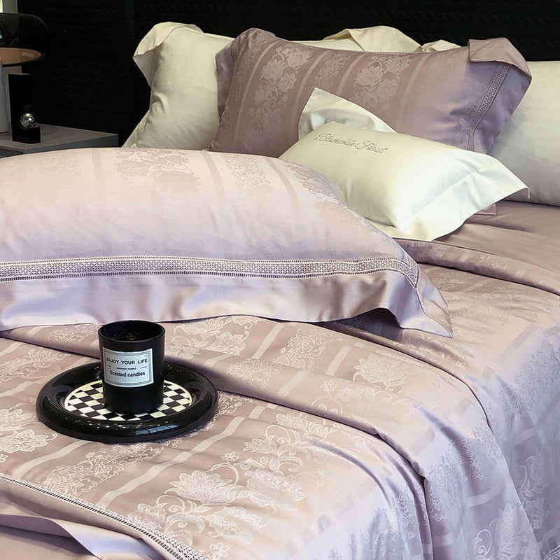 Premium bedding set made of cotton satin with subtle circle stitching and hotel closure