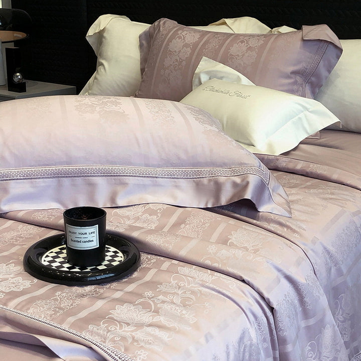 Premium bedding set made of cotton satin with subtle circle stitching and hotel closure