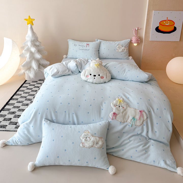 Plush Embroidered Dog Duvet Cover Bedding Set with Pom-Pom Pillowcases
