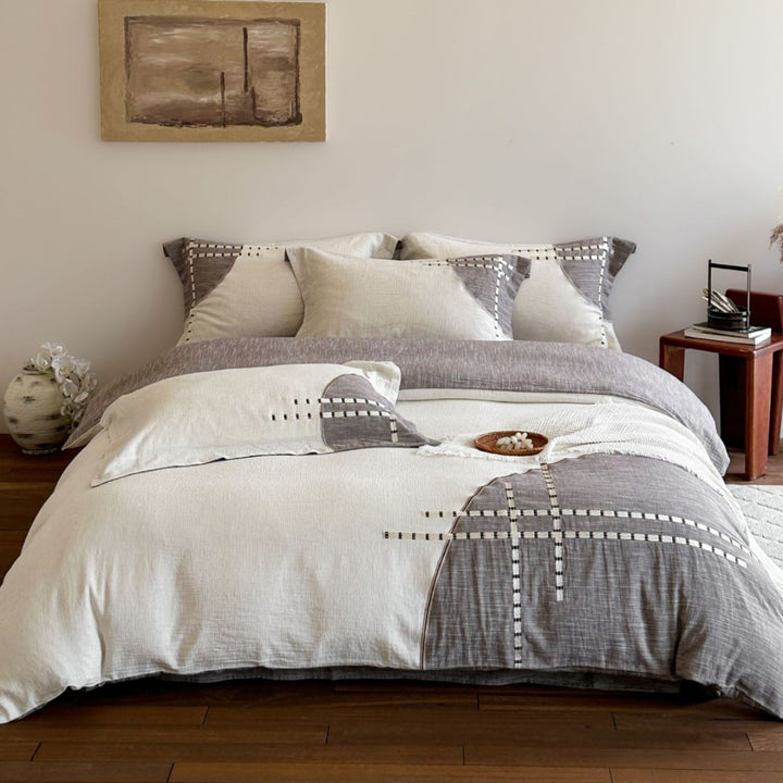 Cotton-Linen Textured Reversible Duvet Cover Set with Patchwork Stitch Detail