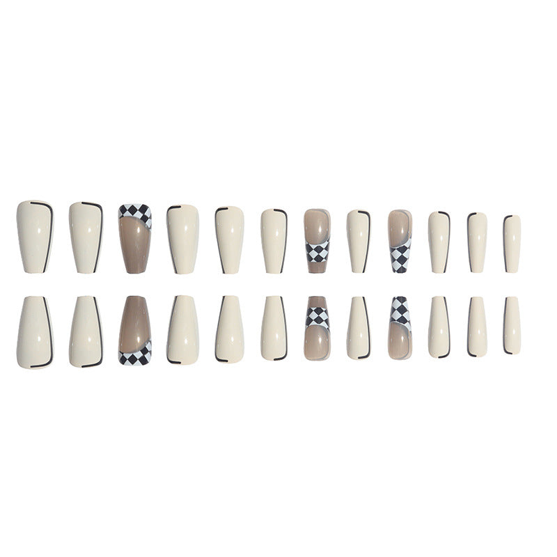 Trendy Long Press-On Nail Set with Checkerboard and Solid Design Stornfield