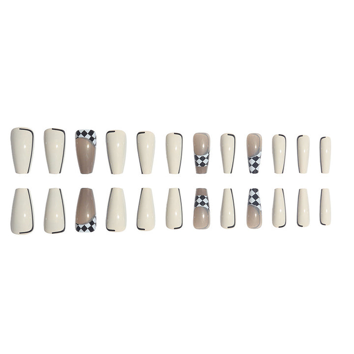 Trendy Long Press-On Nail Set with Checkerboard and Solid Design Stornfield