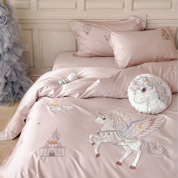 Fantasy Satin Duvet Cover Set with Embroidered Pegasus and Castle Motifs