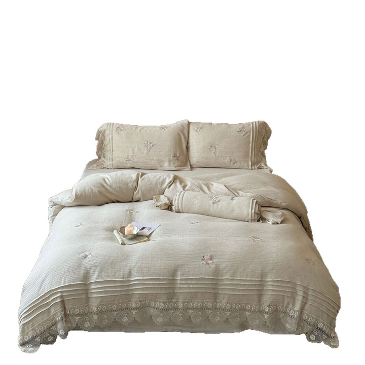 Embroidered Vintage Linen-Blend Duvet Cover Set with Pintuck Pleats & Lace Hem