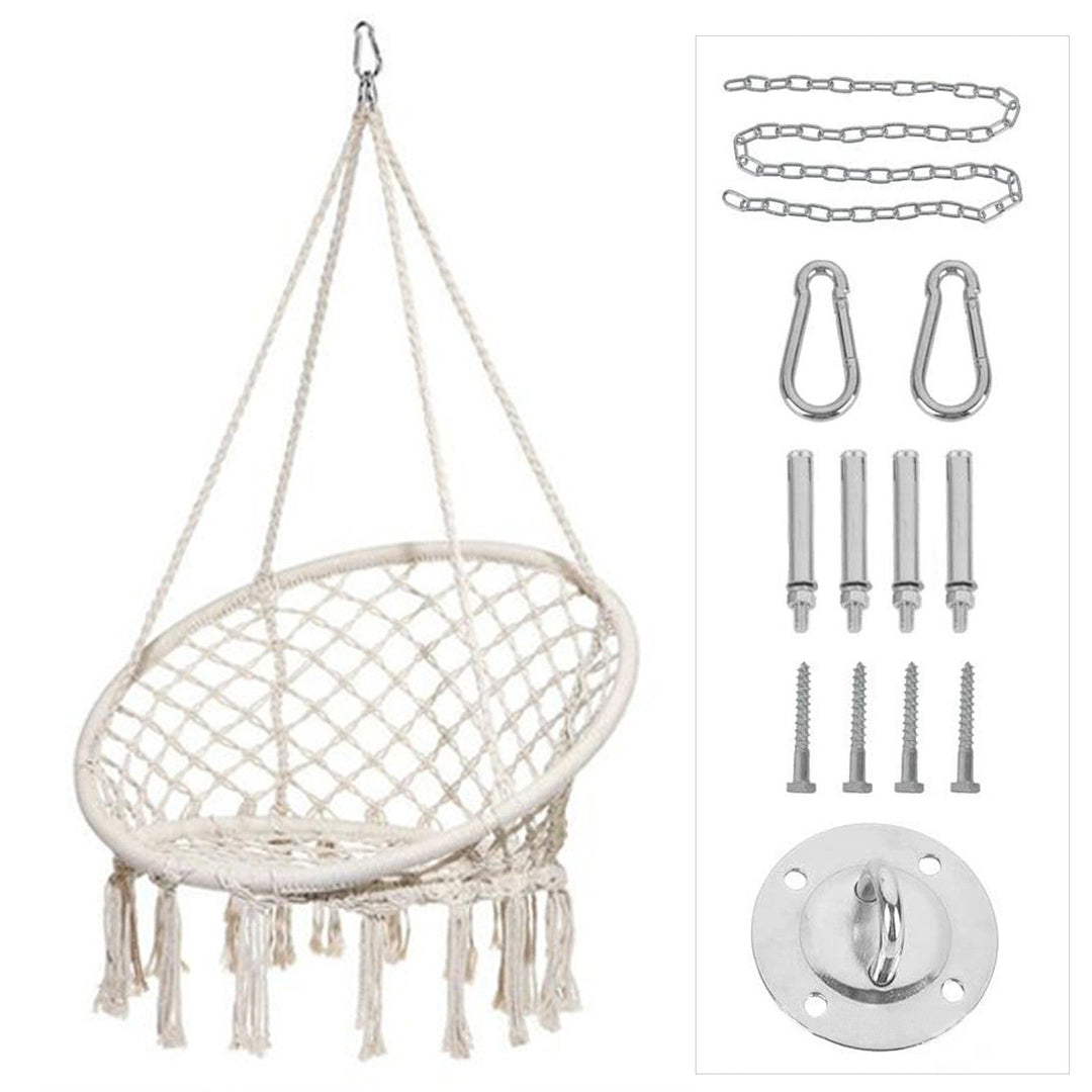 Macrame hanging chair with complete ceiling mounting kit and decorative tassel fringe Stornfield
